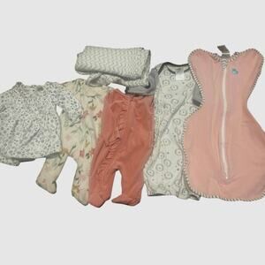 Newborn - 3 mo bundle of 6 items: onesies, sleep gown, muslin, dress, swaddle up
